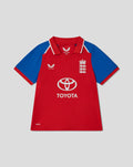 Infant red T20 cricket shirt with blue sleeves and England crest and Toyota logo