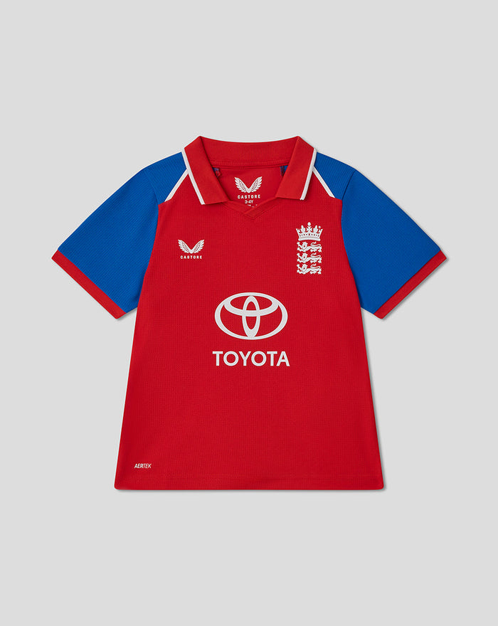 Infant red T20 cricket shirt with blue sleeves and England crest and Toyota logo