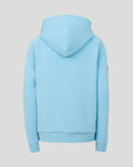 Back view of light blue Travel Adapt fleece hoodie with hood and ribbed hem and cuffs
