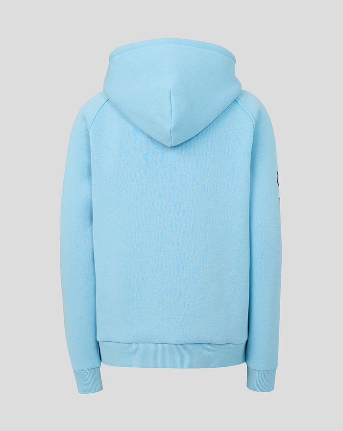 Back view of light blue Travel Adapt fleece hoodie with hood and ribbed hem and cuffs