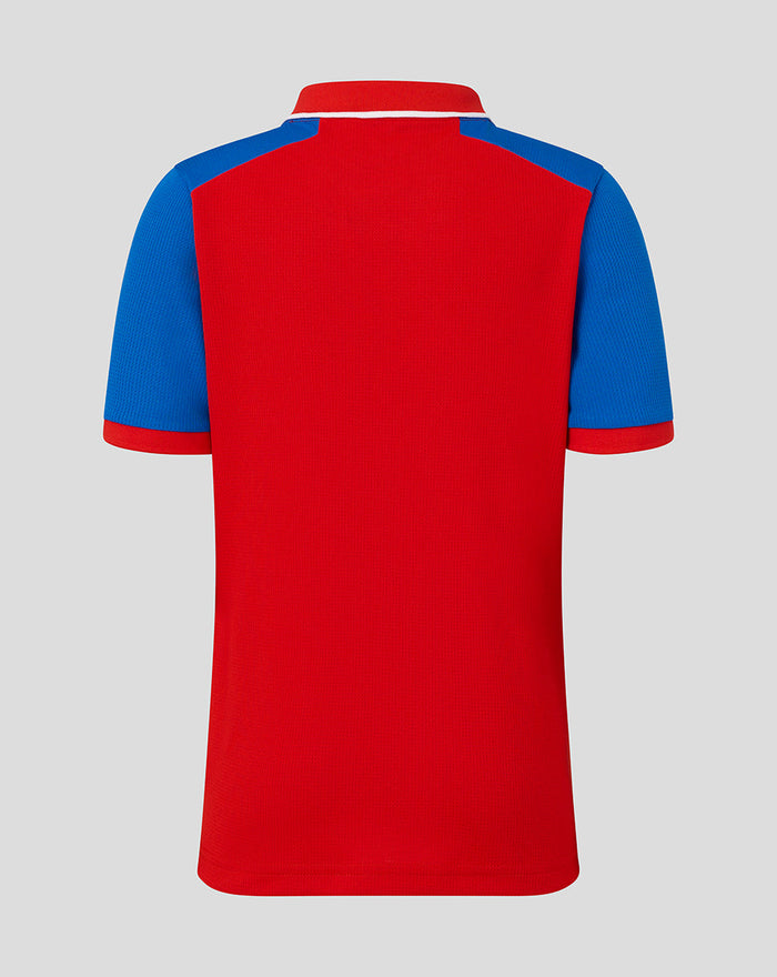 Back view of Junior 26/27 T20 Short Sleeve Shirt in red with blue shoulder panels