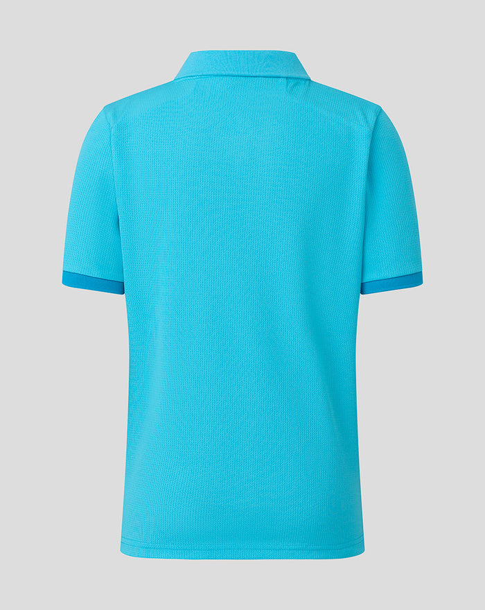 Back view of a bright blue junior ODI cricket shirt with textured mesh fabric.
