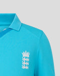 Front close up of blue Junior ODI short sleeve shirt with England cricket crest on the chest.