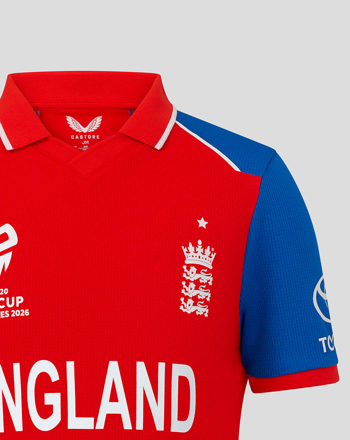 Close up of junior red England T20 shirt showing Three Lions crest on the chest and ENGLAND lettering