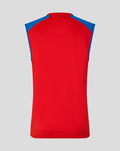 Back view of red sleeveless vest with blue shoulder panels and white trim