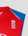 Red sleeveless T20 training vest with blue shoulder panels and England crest on the chest