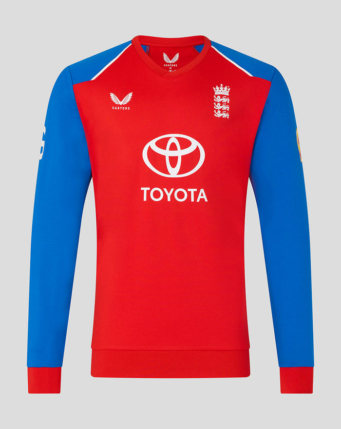 Red T20 sweater with blue contrast sleeves and embroidered Three Lions crest