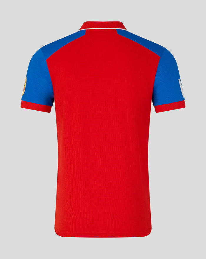 Back view of England men's T20 shirt in red with blue shoulders and contrast trim