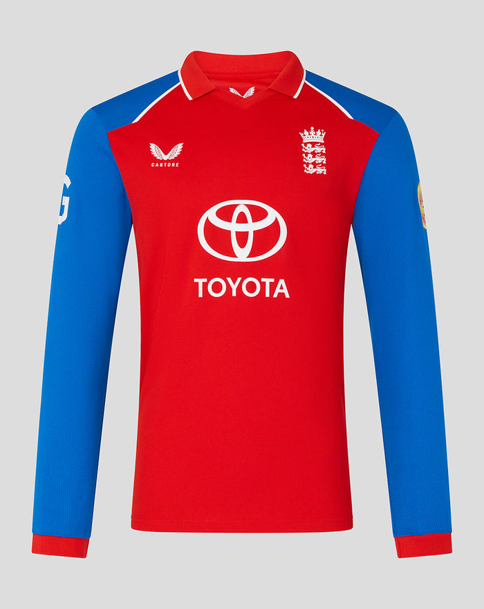 Front view of men's red and blue T20 long sleeve cricket shirt with the England crest and Toyota logo