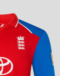 England T20 long sleeve cricket shirt in red with blue shoulders, featuring a chest crest and Toyota logo.