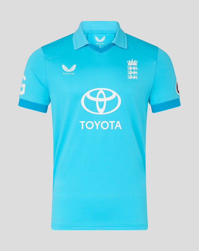 Blue ODI Pro short sleeve cricket shirt with England Three Lions crest and Toyota sponsor.