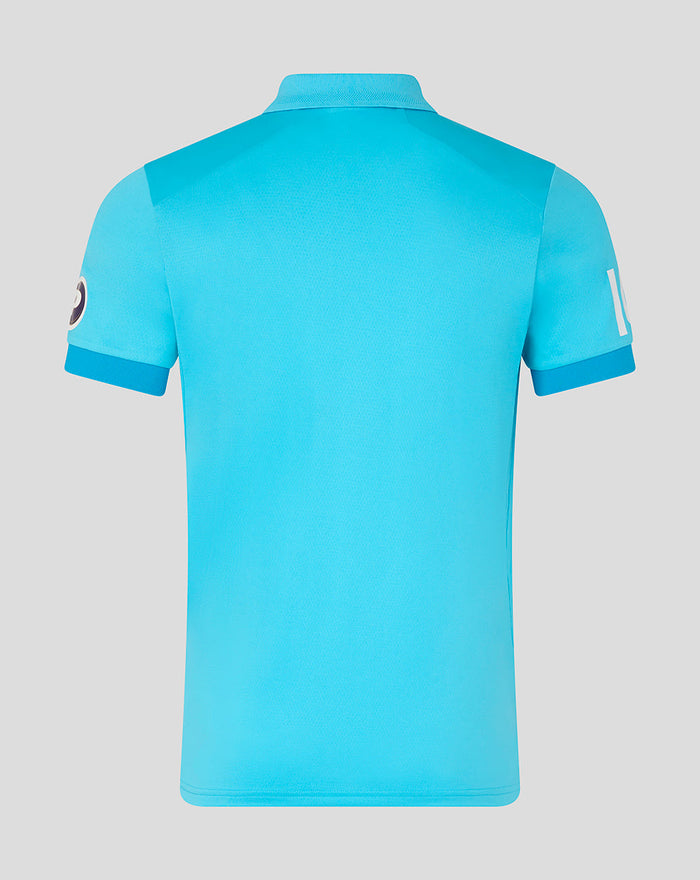 Back view of the blue ODI Pro short sleeve cricket shirt with collar and sleeve patches.