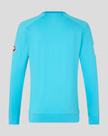 Back view of bright blue ODI sweater with ribbed hem and cuffs