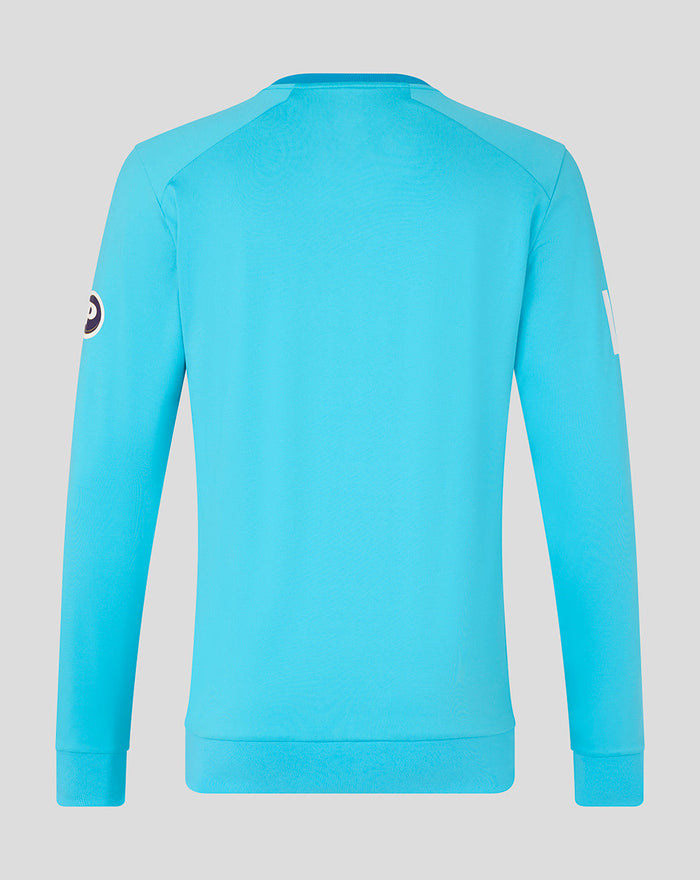 Back view of bright blue ODI sweater with ribbed hem and cuffs