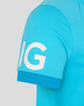 Blue jersey sleeve with a purple oval patch and white lettering on the patch