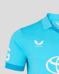 Blue short sleeve ODI shirt close up showing England crest and Toyota emblem