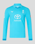 Blue long sleeve ODI shirt front featuring Three Lions crest and Toyota sponsor