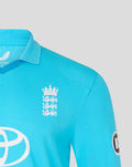 Shoulder and chest view of blue ODI shirt with the Three Lions crest on the chest and a circular sponsor patch on the sleeve.