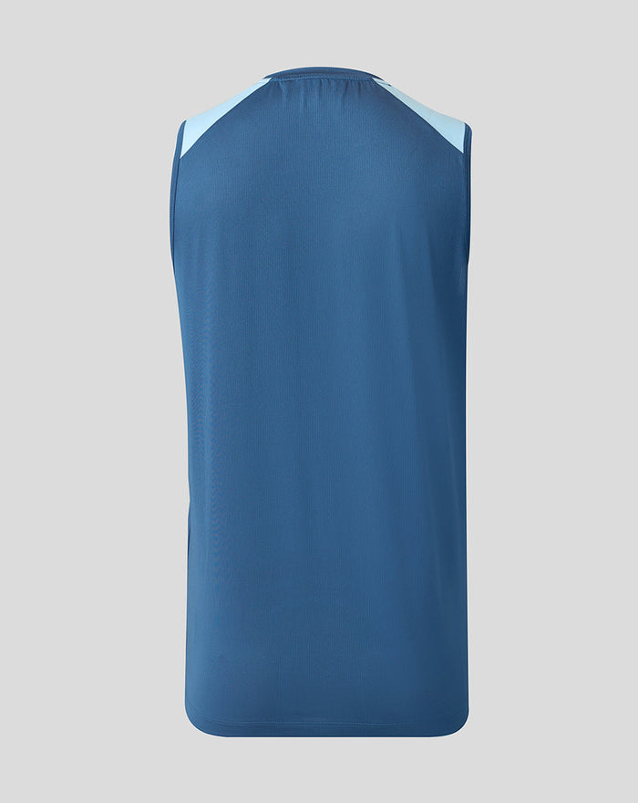 Back view of blue sleeveless training top with light blue shoulder panels