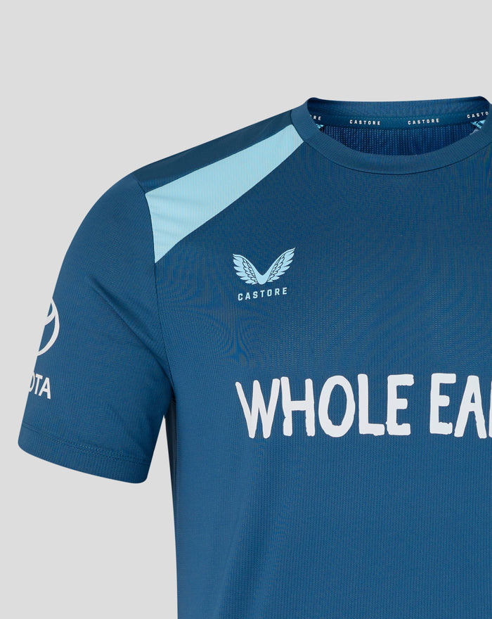 Blue training jersey close-up showing the England crest on the chest and Castore branding along the collar