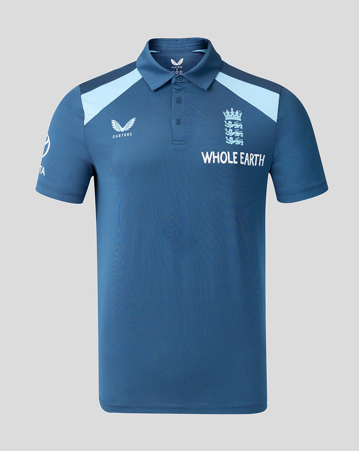 Front view of Ensign Blue Mens Training Poly Polo with navy Three Lions crest and sponsor logos