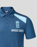 Front view of blue training polo with light blue shoulder panels Three Lions crest and Whole Earth sponsor