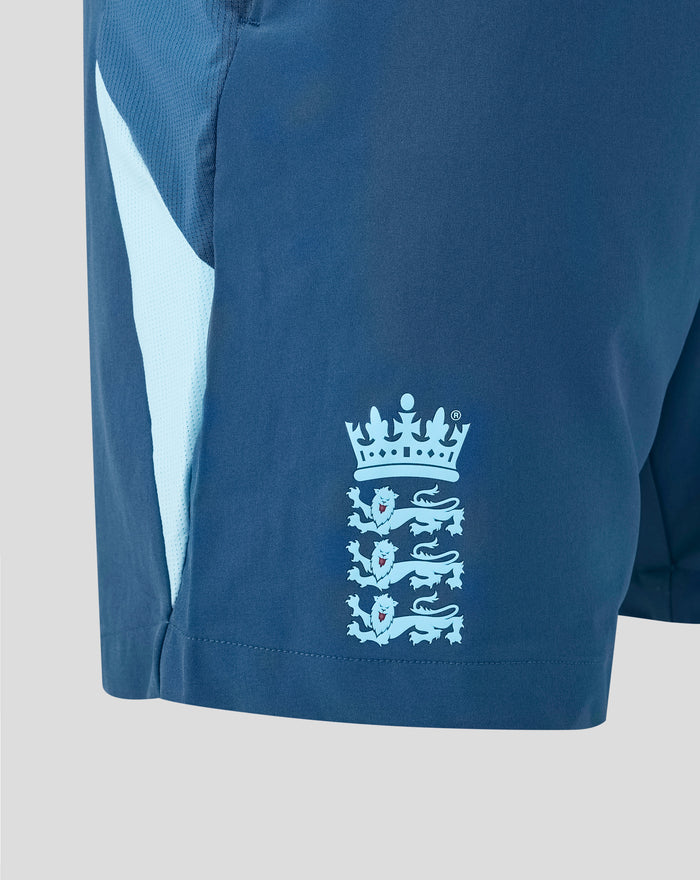Back view of blue training shorts with pale blue side panel and crest at the hem of the leg