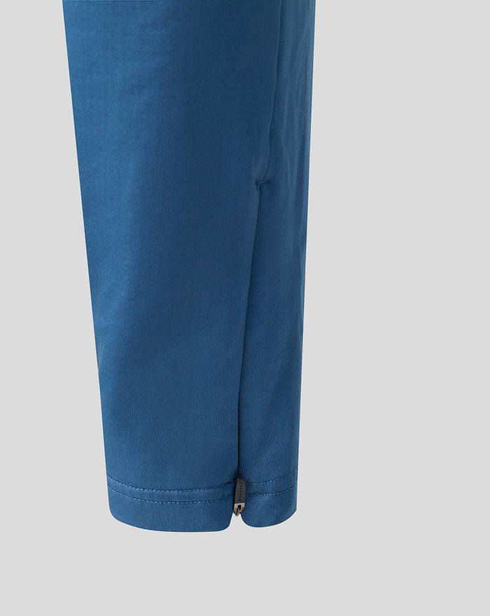 Blue training pants leg with ankle zipper detail