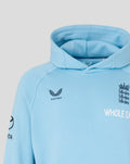 Close up of airy blue travel fleece hoodie collar showing soft interior lining and a chest Three Lions crest embroidery