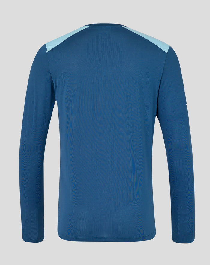 Back view of blue training long sleeve shirt with light sky blue shoulder panels