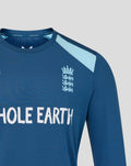 Close-up of blue training long sleeve shirt showing light blue shoulder panel and embroidered Three Lions crest on chest