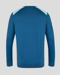 Back view of blue training sweatshirt with light blue shoulder panels