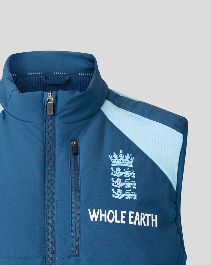 Front close up of blue sleeveless training gilet with front zip and England crest