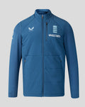 Front view of blue training thermal jacket with England crest and Whole Earth branding