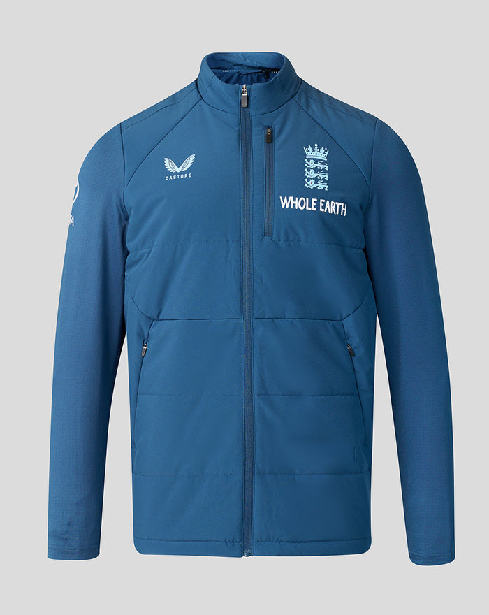 Front view of blue training thermal jacket with England crest and Whole Earth branding