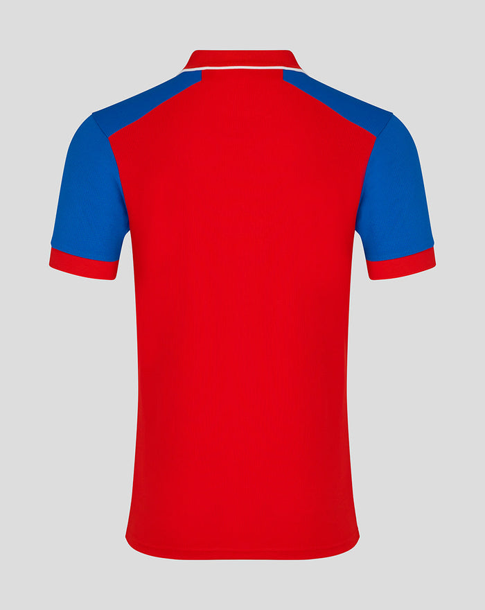 Back view of red England T20 team shirt with blue sleeves.