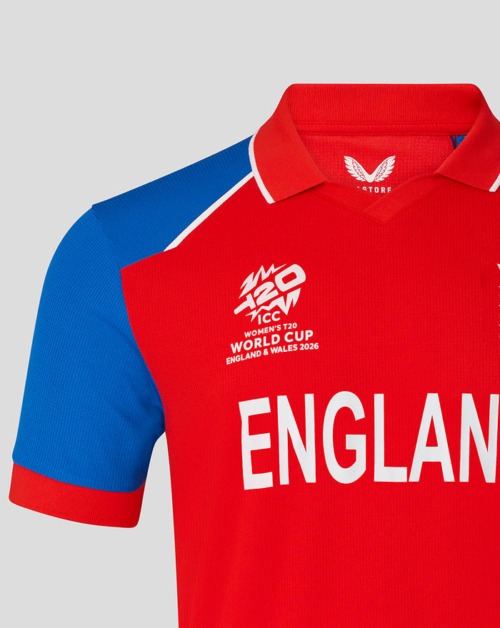 Chest view of red England shirt with large ENGLAND lettering and World Cup crest.