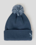 Blue bobble hat close-up showing ribbed cuff and embroidered Three Lions crest