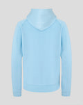 Back view of a light blue travel fleece hoodie with the hood up and smooth ribbed hem