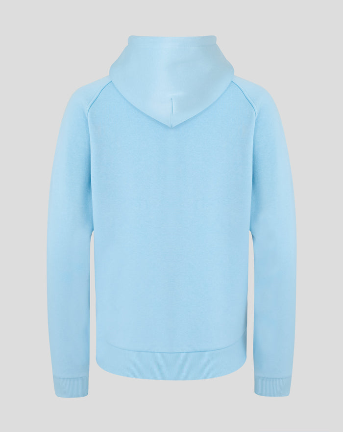Back view of a light blue travel fleece hoodie with the hood up and smooth ribbed hem