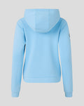 Back view of light blue Travel Flex Full Zip Hoodie with hood and relaxed fit.