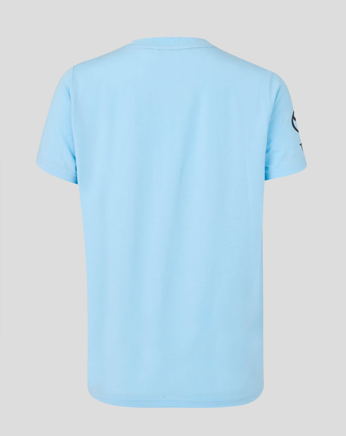 Back view of a light blue Travel T Shirt showing a plain upper back.