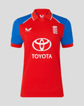 Front view of red England T20 shirt with blue sleeves, featuring embroidered Three Lions crest and Toyota sponsor.