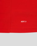 Close-up of red jersey fabric with white AERTEK branding.