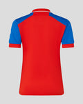 Back view of red England cricket T20 shirt with blue shoulder panels and collar