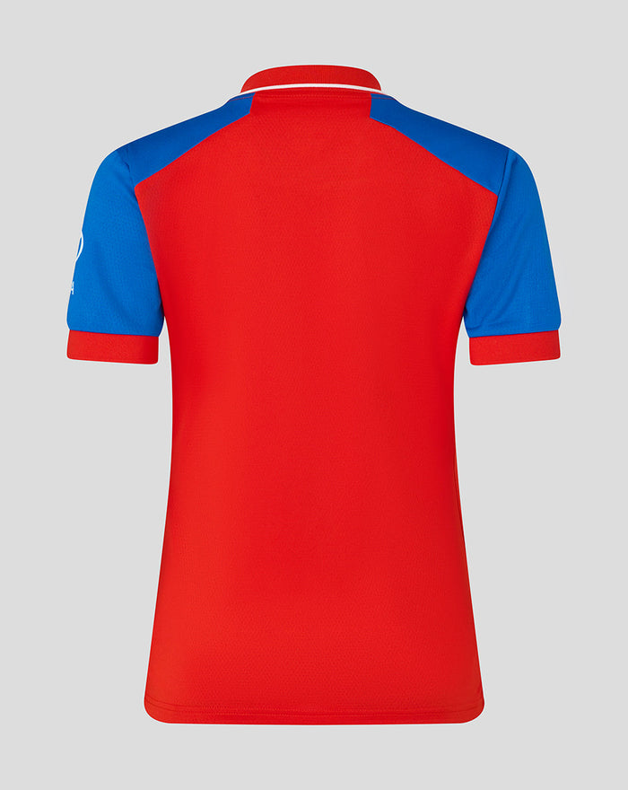 Back view of red England cricket T20 shirt with blue shoulder panels and collar