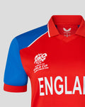 England women's T20 World Cup shirt in red with blue sleeves and large ENGLAND lettering.
