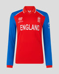 England long sleeve T20 World Cup shirt in red with blue sleeves and large ENGLAND lettering.