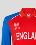 Red and blue England women's T20 World Cup jersey with large ENGLAND text and embroidered Three Lions crest