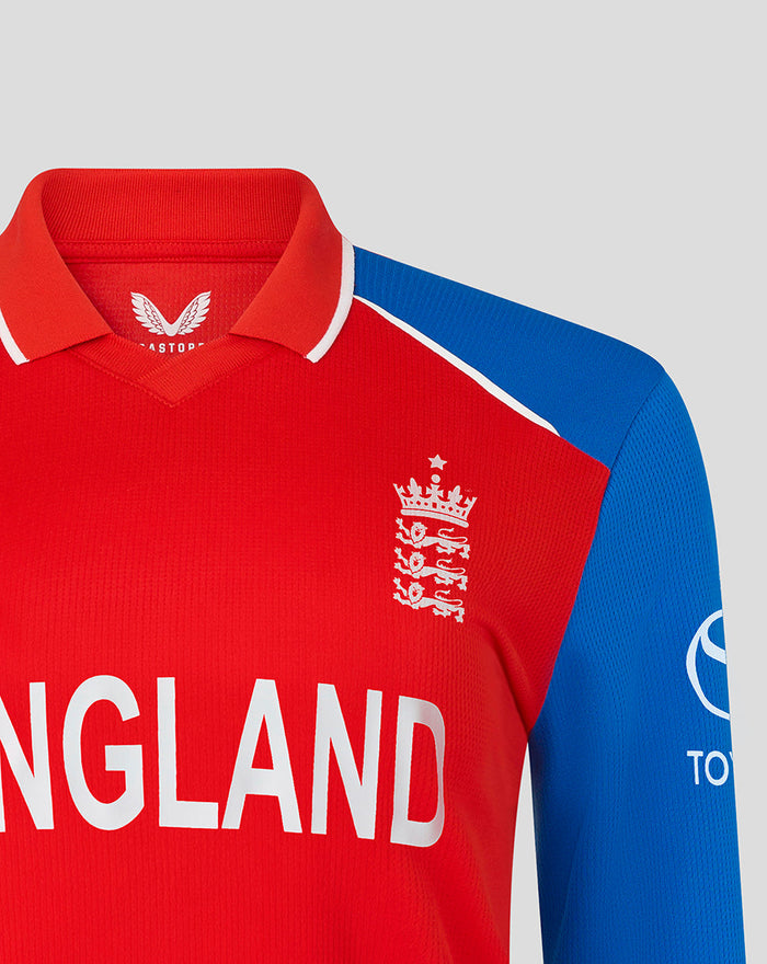 Red England team jersey with ENGLAND lettering and embroidered Three Lions crest on the chest